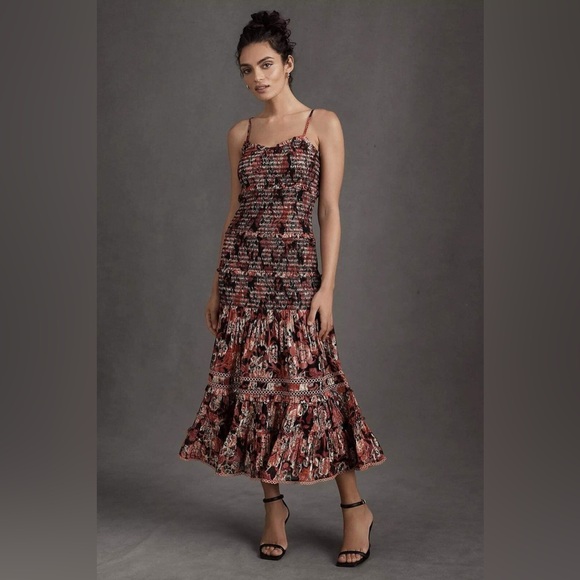 Hemant & Nandita Smocked Floral Metallic Tiered Maxi Dress Anthropologie REVOLVE - Picture 2 of 9